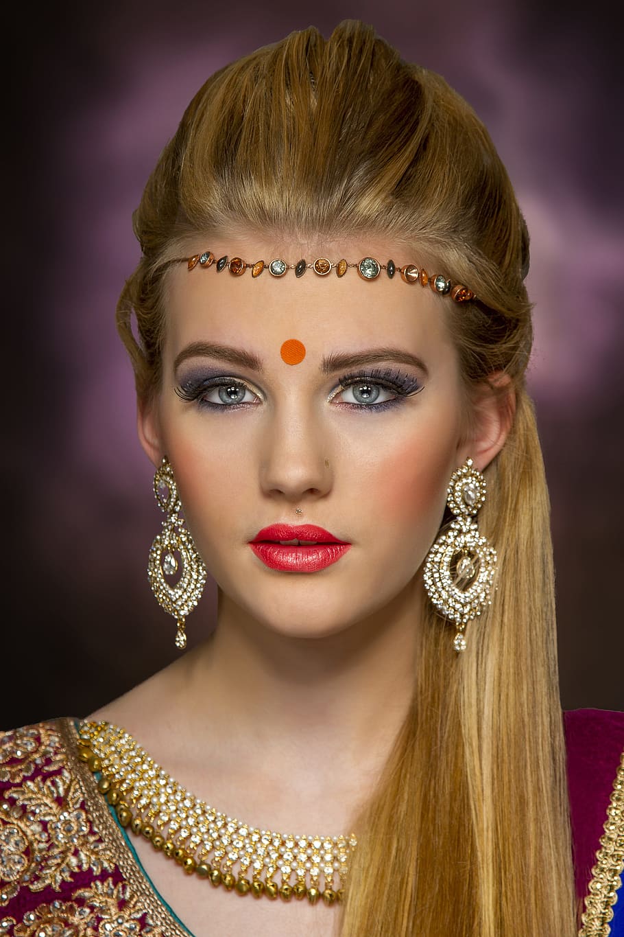 woman wearing gold-colored jewelries, women's, lipstick, bindi
