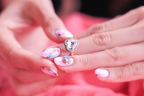 woman with pink nail artworks manicure, jewelry, ring, human Hand HD wallpaper