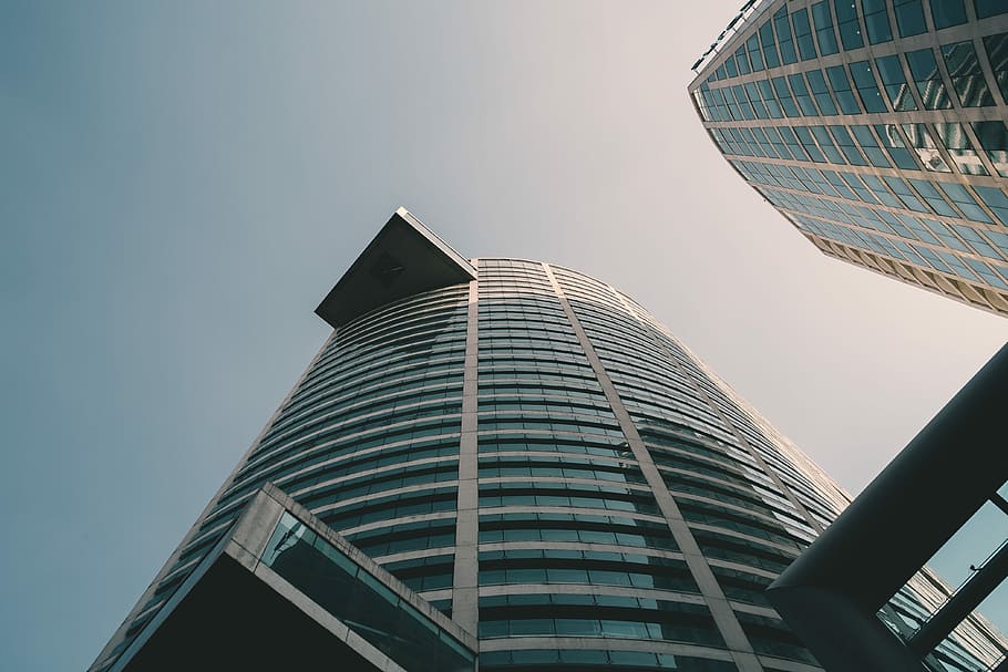 low angle photography of building, low-angle photography of blue and white high-rise building HD wallpaper