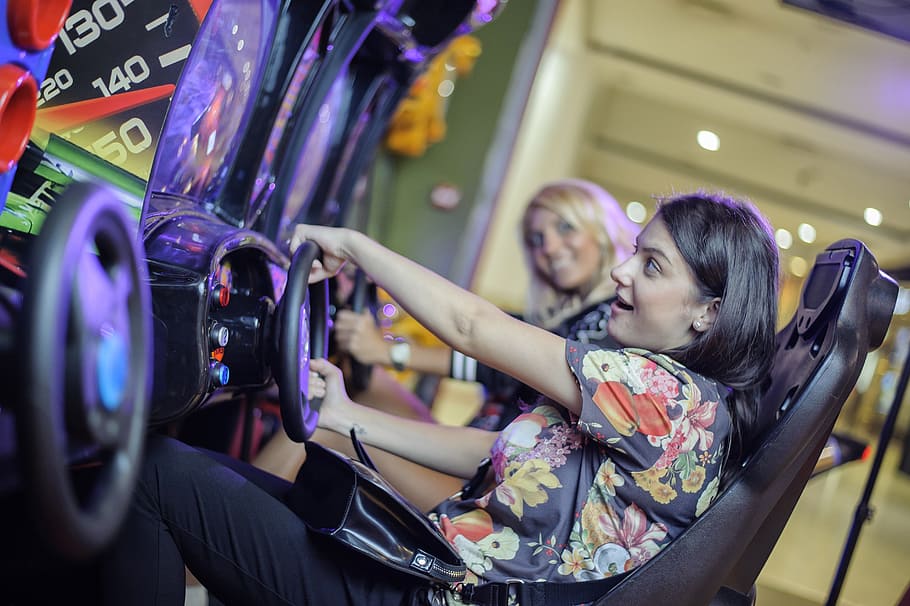 woman sitting on racing arcade machine, Girls, Game, Automat, HD wallpaper