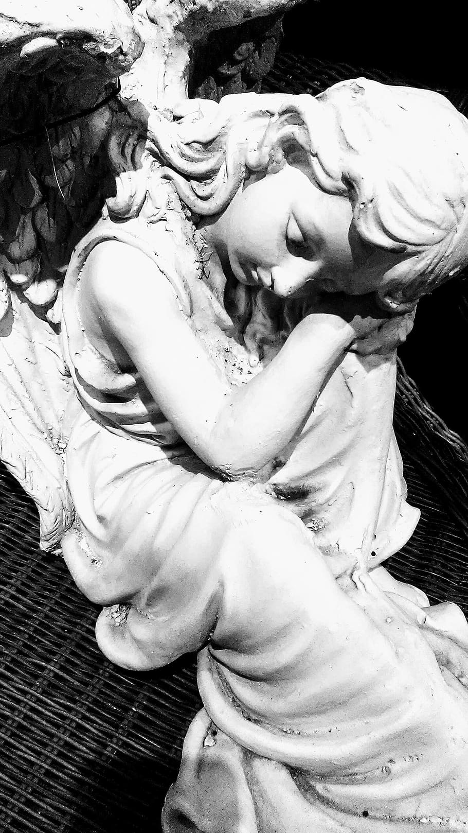 angel, b w, stone, sculpture, statue, human representation HD wallpaper