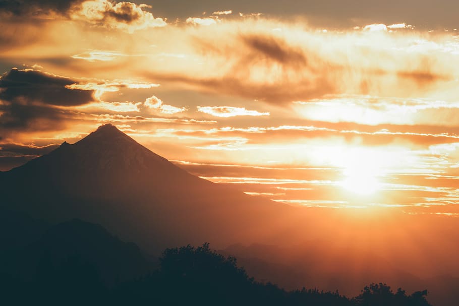 landscape photo of mountain at golden hour, aerial photo of mountain during sunset HD wallpaper
