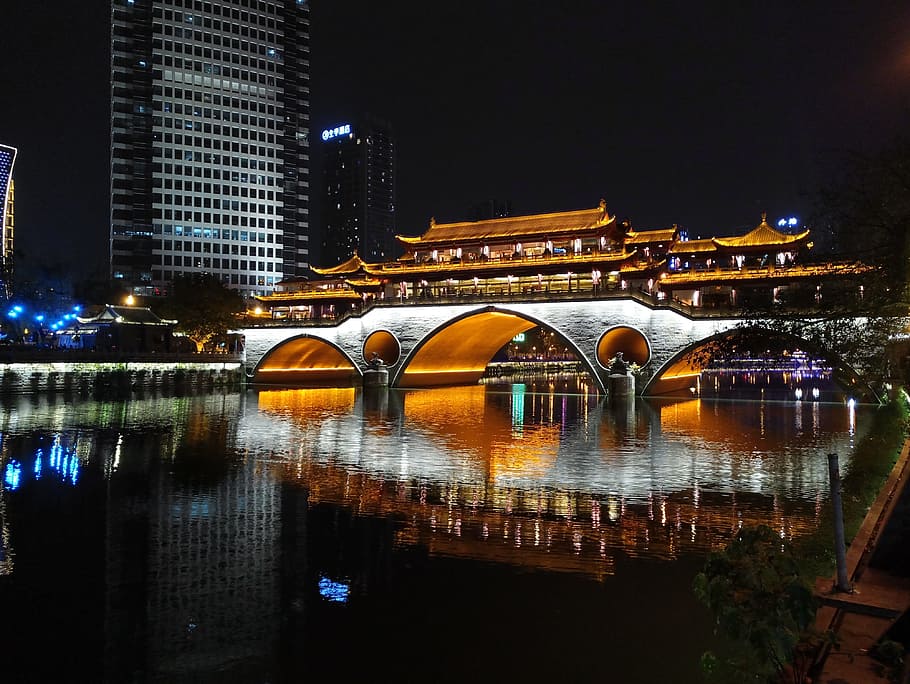 Chengdu, Anshun Covered Bridge, nine eye bridge, reflection, architecture, HD wallpaper