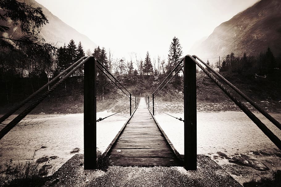 bridge, river, water, pathway, mountain, sky, outdoor, adventure HD wallpaper