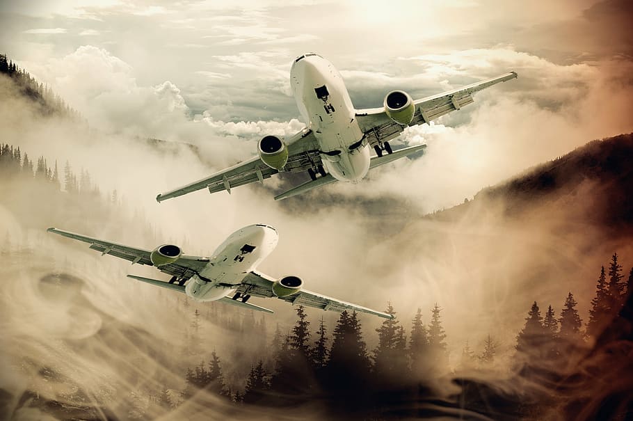 two planes on air wallpaper, aircraft, flight, mountains, forest HD wallpaper