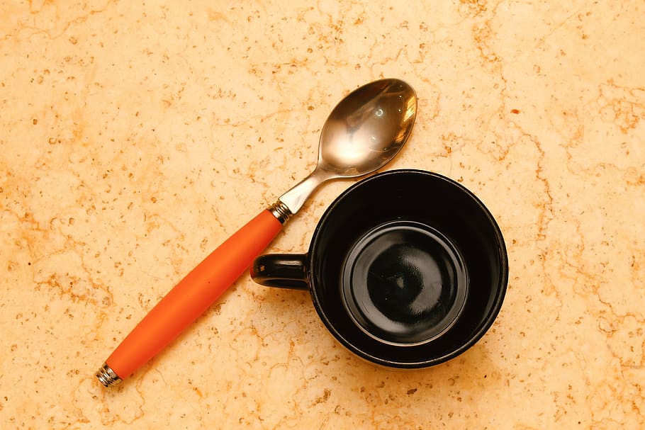 coffee, cup, spoon, breakfast, drink, colors, black, orange HD wallpaper