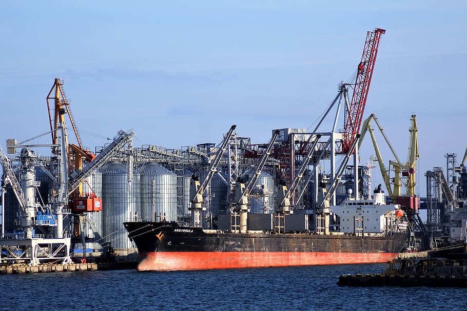 red and black ship docked beside the factory, industry, hard HD wallpaper