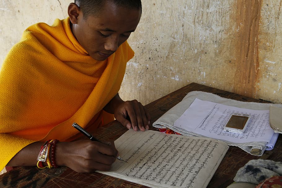 buddhist monk, by the book, note, one person, paper, publication HD wallpaper