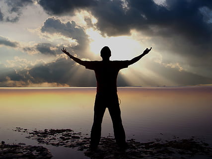 man standing in front of a body of water, Rays, Wonder, Sun, Light HD wallpaper