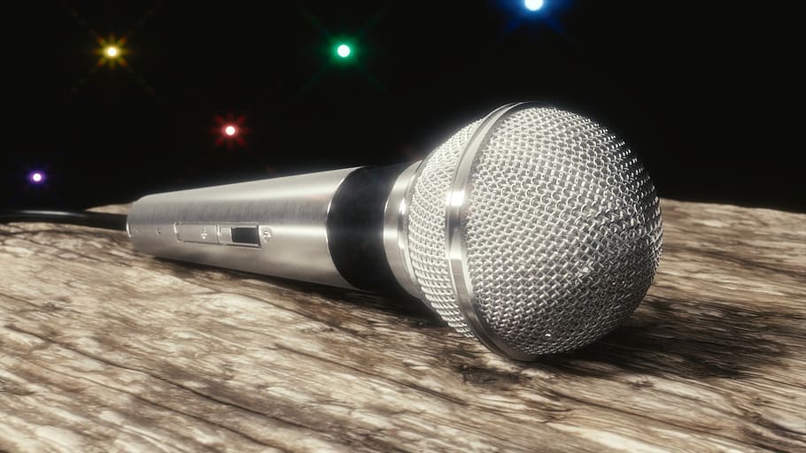 gray corded microphone on table, 3d, art, blender, party, media