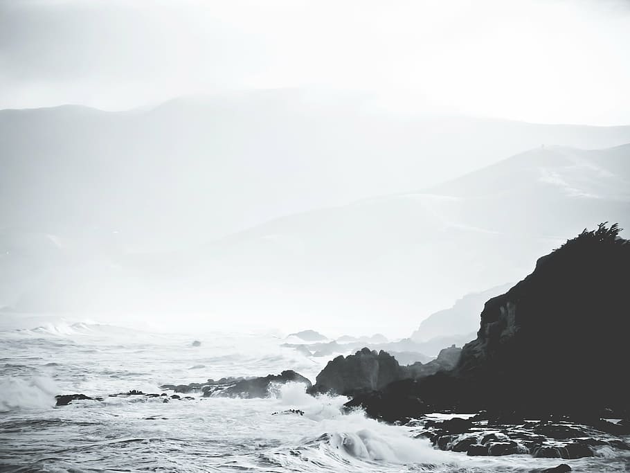 silhouette of mountain and body of water, ocean, wave, gray HD wallpaper