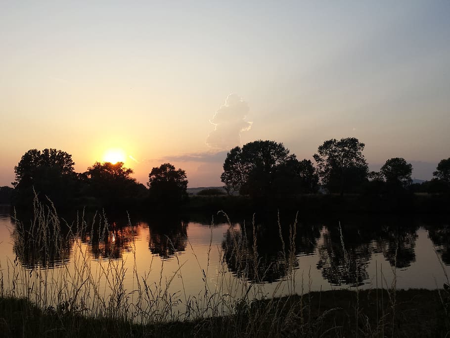 lake, sunset, abendstimmung, clouds, nature, water, evening HD wallpaper