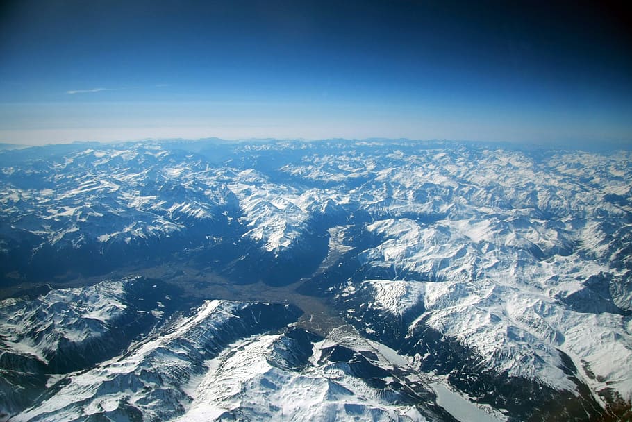 pyrenees, mountains, snow, zenith, plane, landscape, blue, aerial view, HD wallpaper