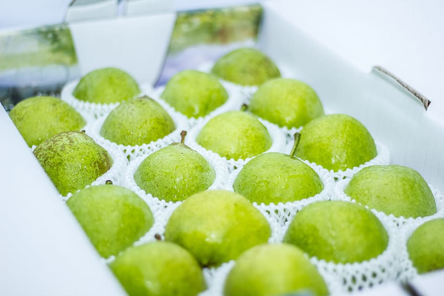 pear, fu pears, gift box, food, food and drink, green color HD wallpaper