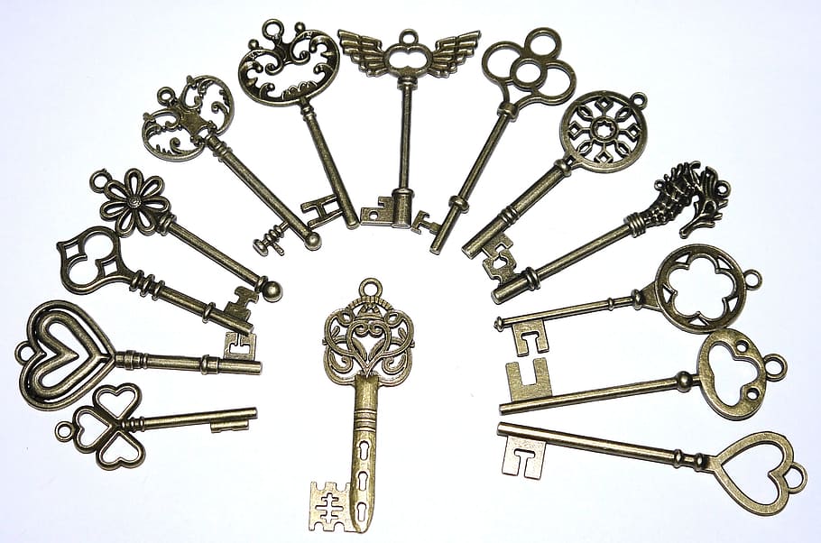 gray skeleton key collection, keys, vintage, many, old, retro