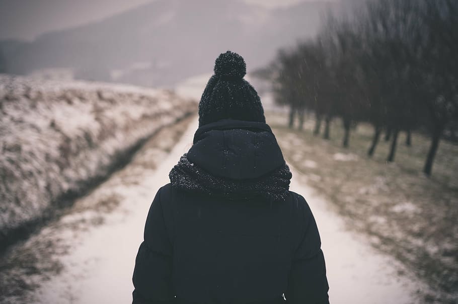 person wearing black bubble hat, winter, coat, hood, toque HD wallpaper