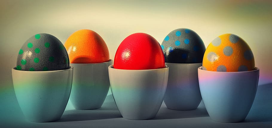 five white ceramic cups, easter eggs, egg cups, easter egg painting HD wallpaper