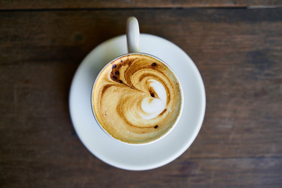 coffee with heart decor on white saucer, cafe, table, beverage HD wallpaper