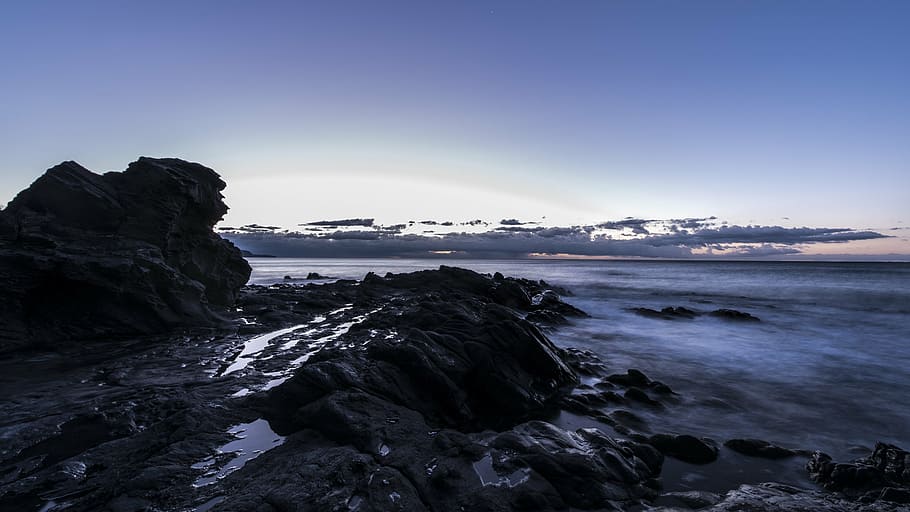 rock formation under blue sky, dawn, beach, guilche, nerja HD wallpaper