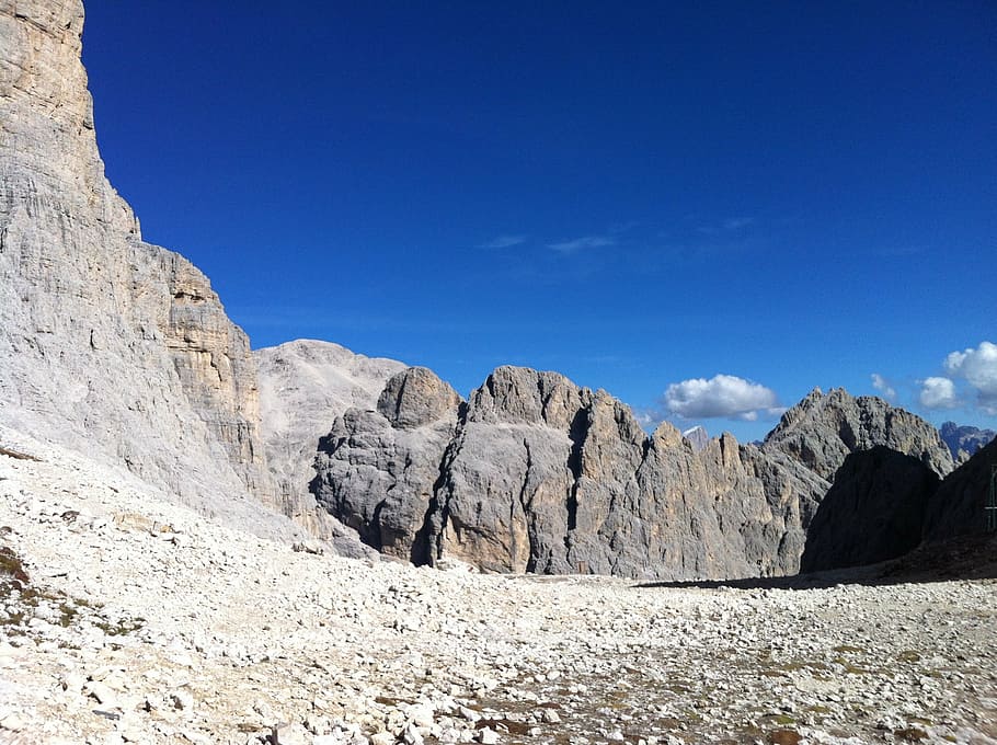 trekking, mountain, blue, sky, landscape, rock, climbing, hike stones HD wallpaper