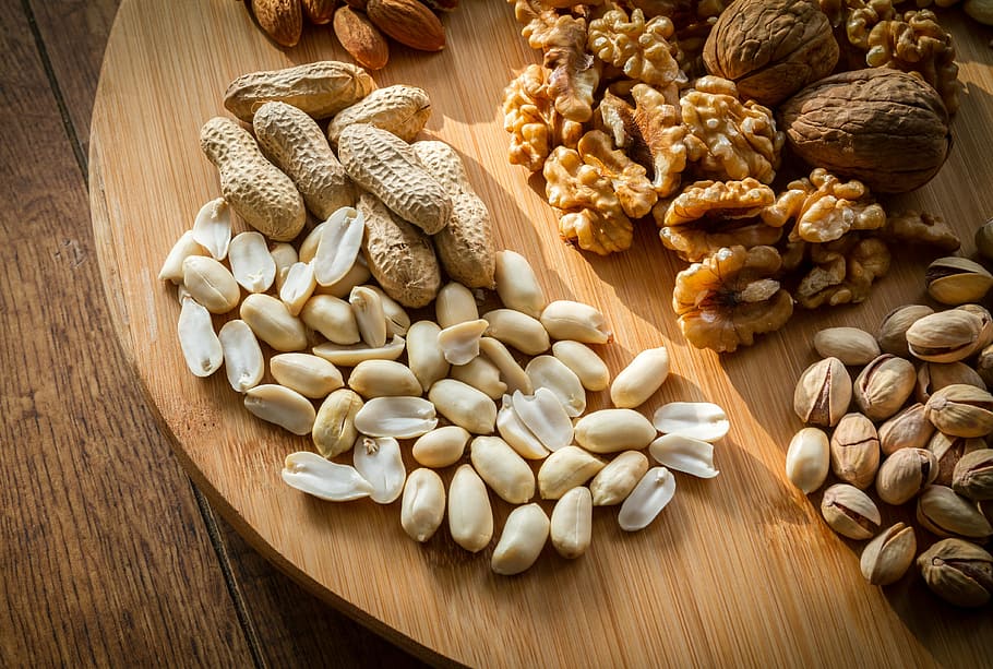 peanut on table, mixed, nuts, selection, brown, shell, food, tasty, HD wallpaper