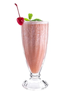 fruit shake in clear footed cocktail glass garnished with cherry fruit and mint leaves HD wallpaper