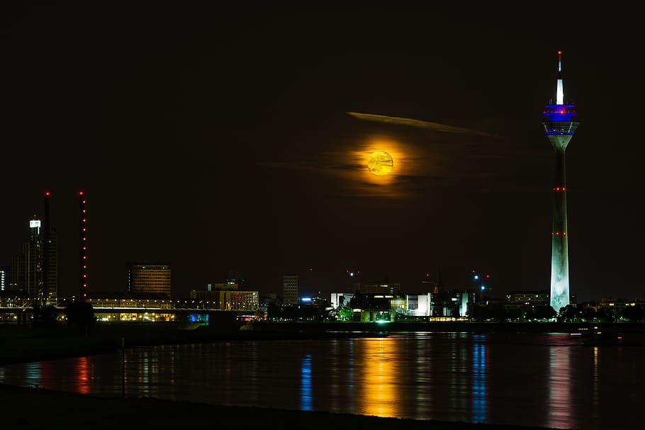 rhine tower, night photograph, water rescue, düsseldorf, port, HD wallpaper