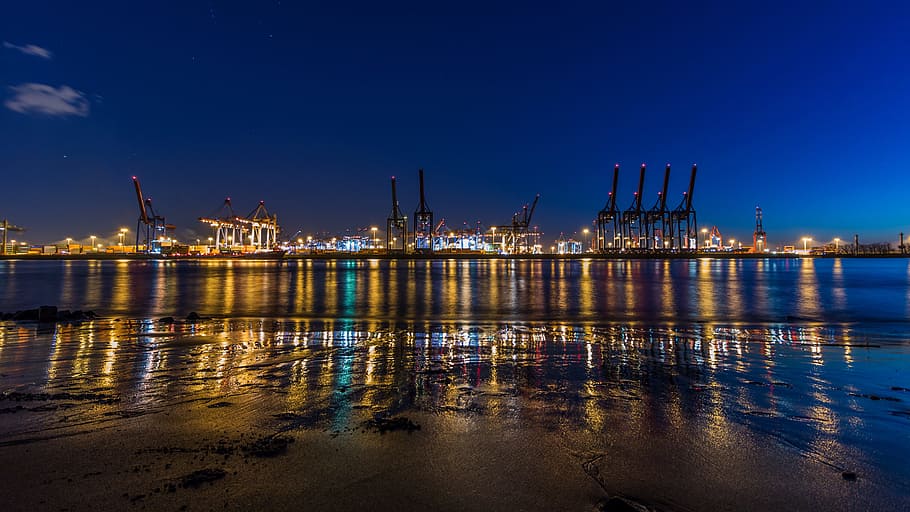 waters, sea, sunset, pier, sky, elbe, hamburg, winter, river HD wallpaper