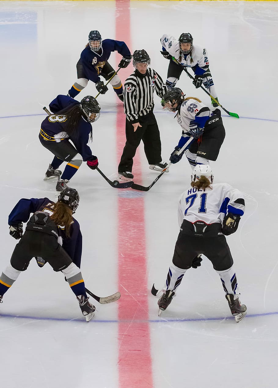 ice hockey players, ice hockey game, faceoff, winter sport, referee, HD wallpaper