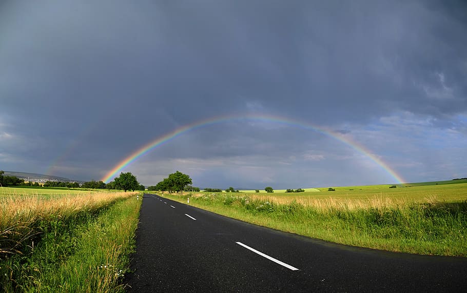 rainbow on green field during daytime, path, road, sky, landscape HD wallpaper
