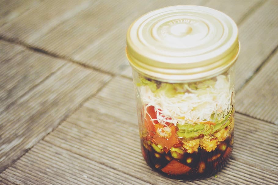 vegetable dish in bottle on brown surface, jar, wood - Material HD wallpaper