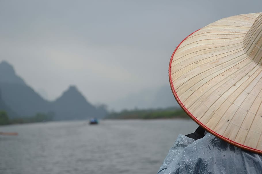 On the way to Chua Huong, person wearing hat, boat, river, landscape HD wallpaper