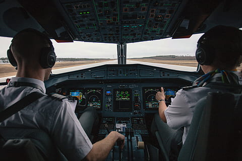 two pilots sitting on cockpit seats, people, men, airplane HD wallpaper