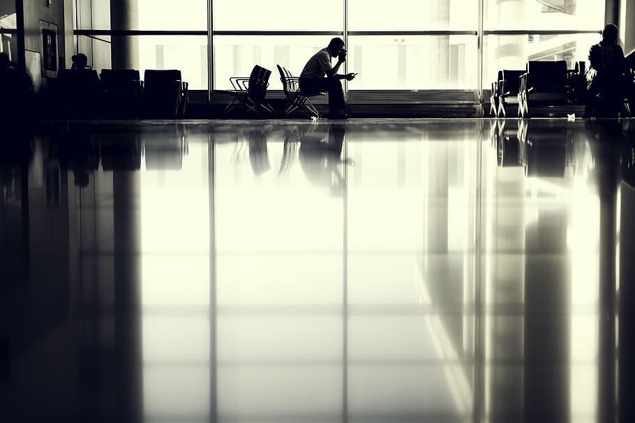 man sitting on chair, airport, person, silhouette, passengers, HD wallpaper
