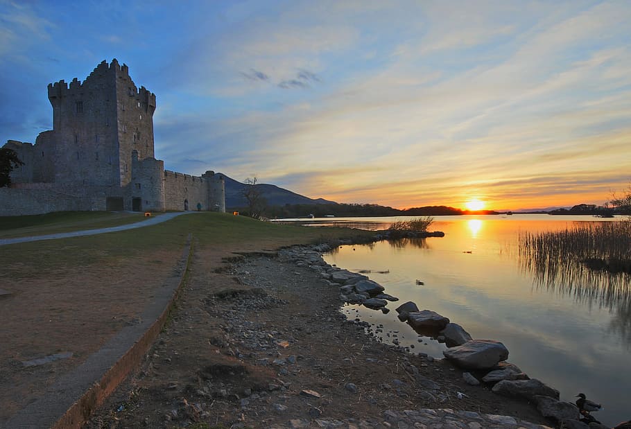 killarney, ross, castle, sunset, sky, water, cloud - sky, architecture HD wallpaper