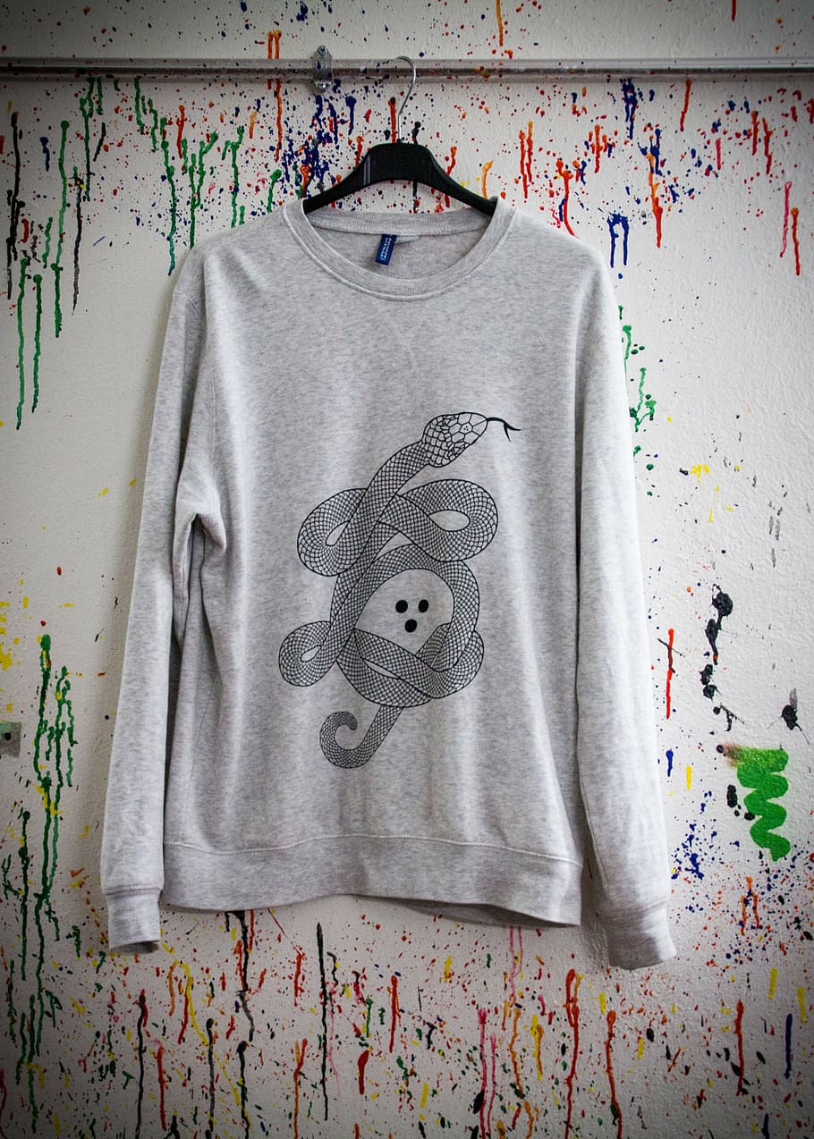 gray sweatshirt hanging on wall, sweater, screen printing, art, HD wallpaper