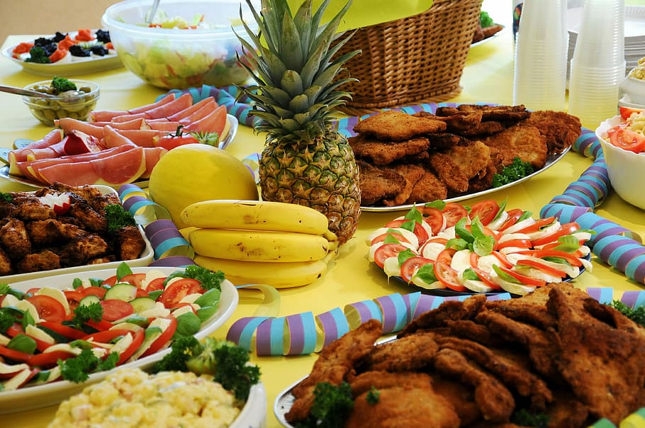 buffett, pineapple, bananas, yellow, cold plate, tomatoes, melons HD wallpaper