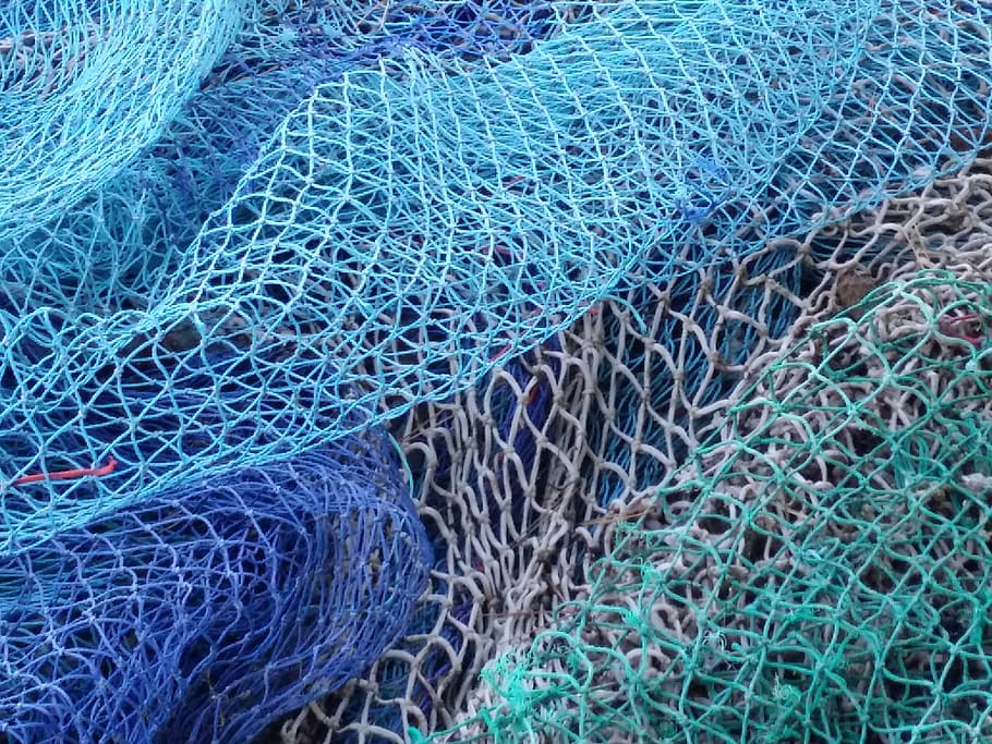 blue fish net, fishing, fisherman, port, sea, trawler, water, HD wallpaper