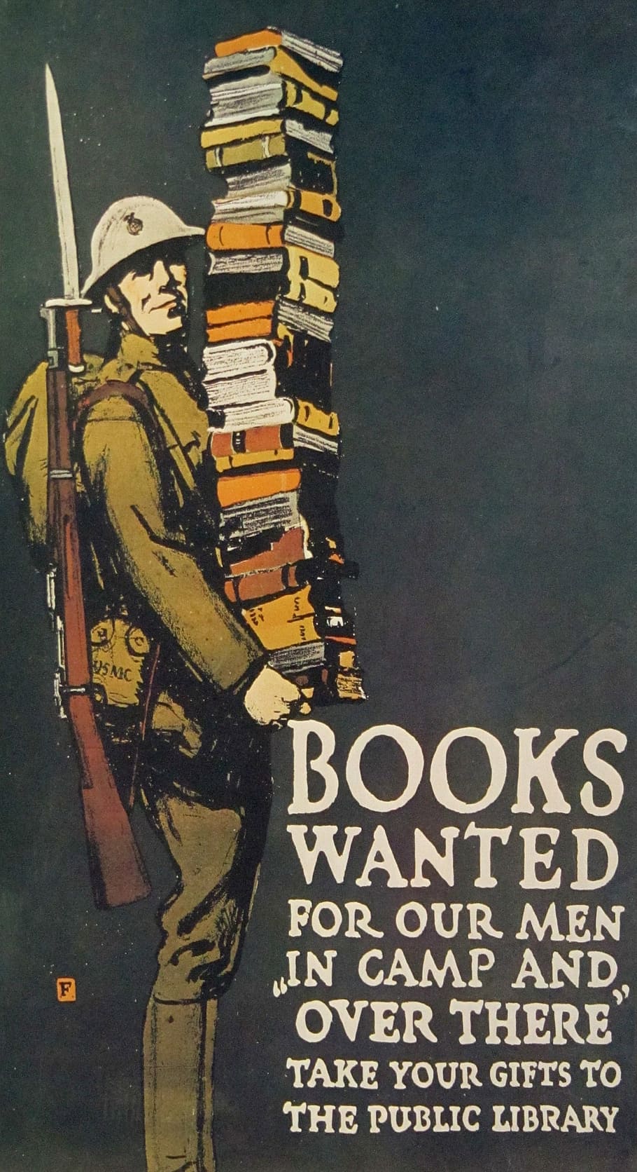 man carrying books illustration with text overlay, soldier, world war 1