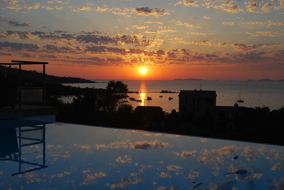 sunset, sea, abendstimmung, corsica, mirroring, pool, clouds HD wallpaper