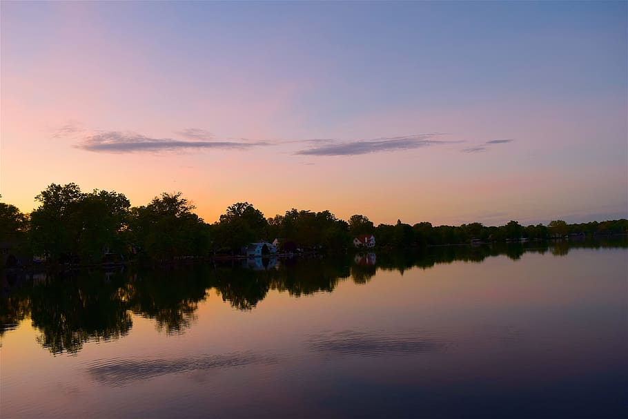 Sunset, Lake, Landscape, Harbor, Water, sky, nature, reflection HD wallpaper