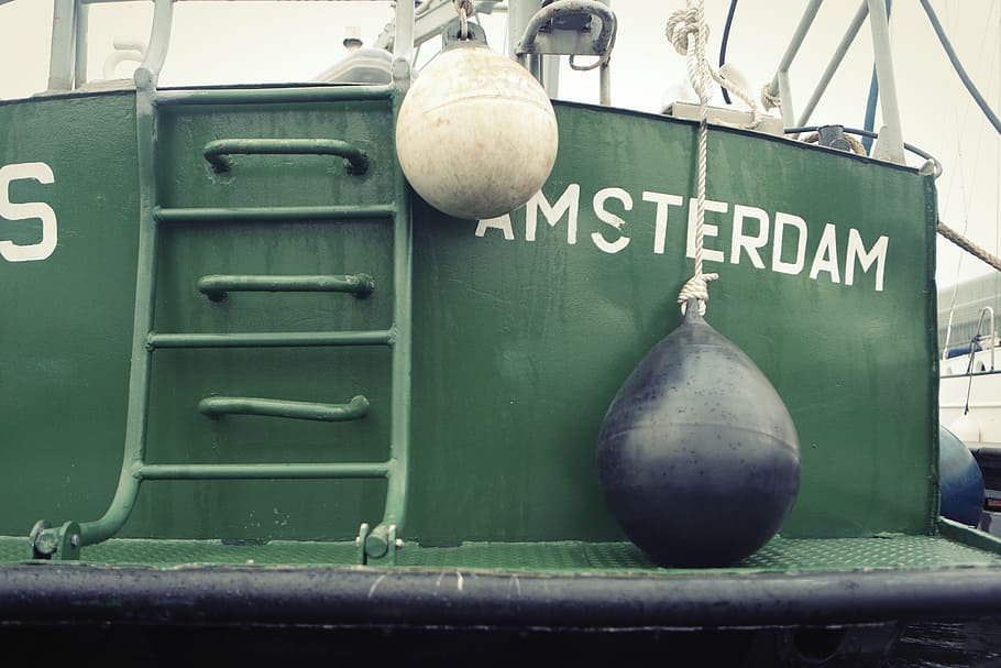 two white and black equipments, green, boat, buoys, fishing, amsterdam