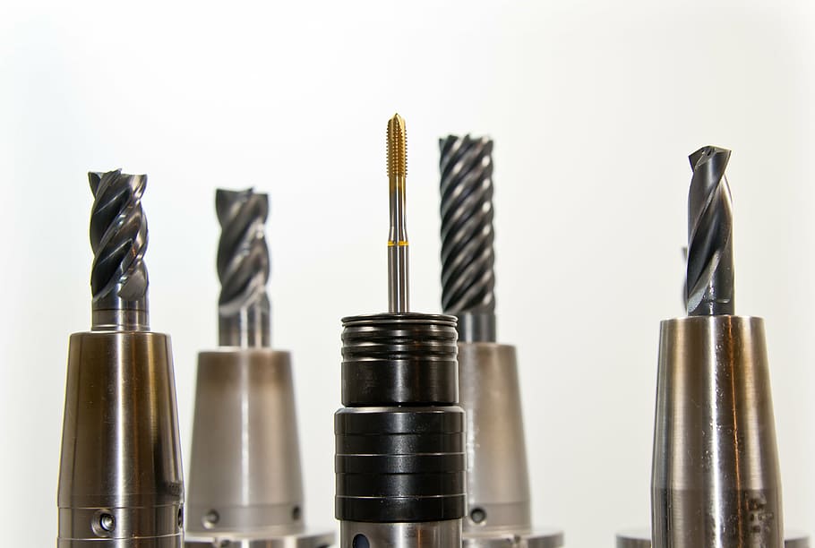 five grey metal drill bits, taps, thread, milling, milling machine HD wallpaper
