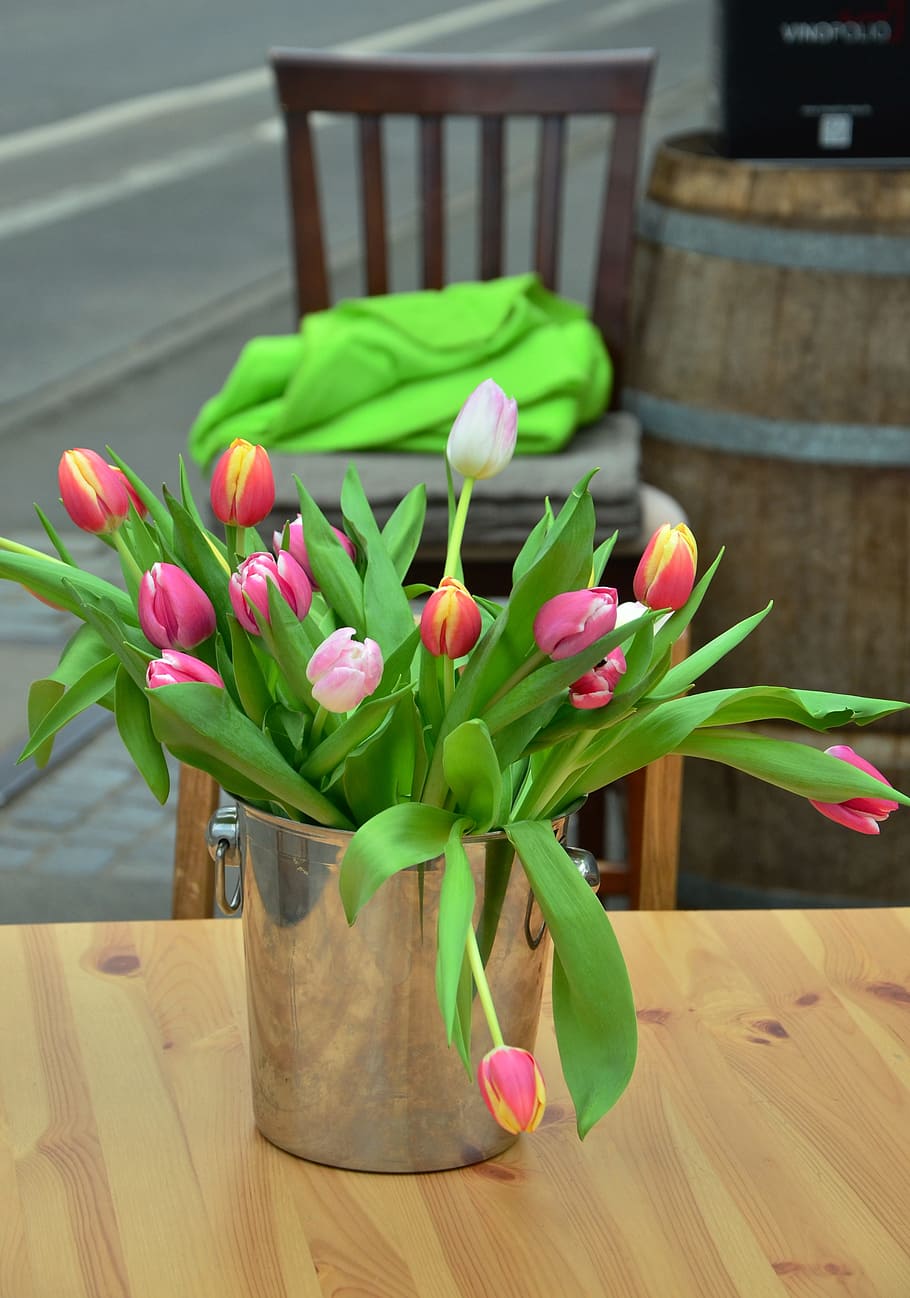 red and pink flowering plants on table, bouquet, tulips, tulip bouquet, HD wallpaper