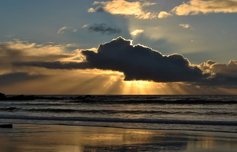 sunset, cloud, sky, sea, contrast, twilight, dark clouds, beach HD wallpaper