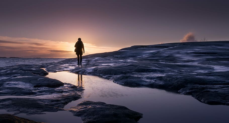 person walking near body of water, silhouette of person on beach sand HD wallpaper