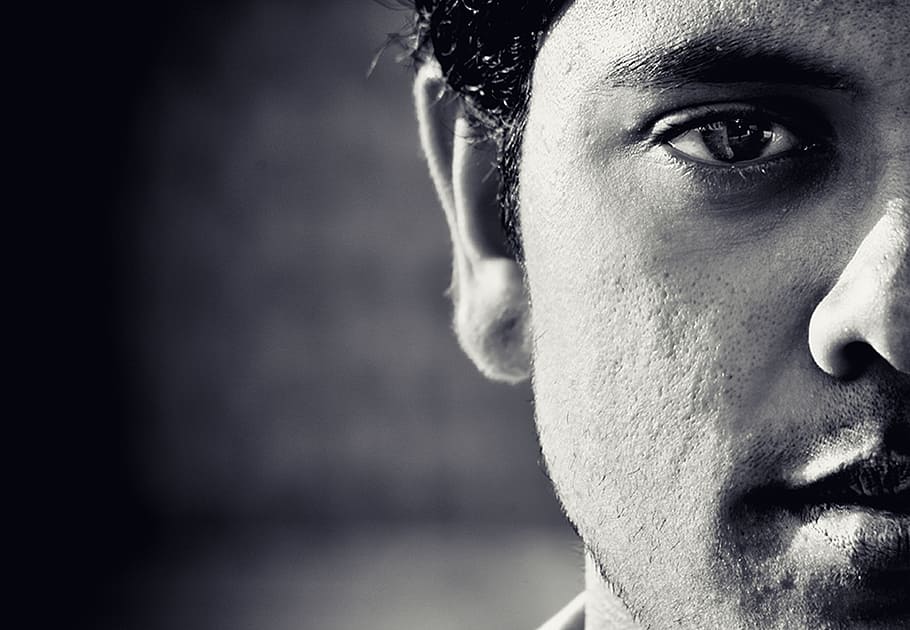 grayscale photography of man face, two face, vision, male, confidence HD wallpaper