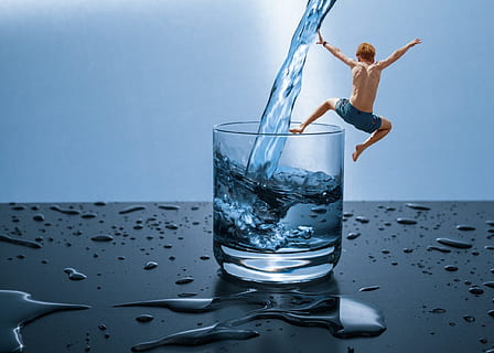 man jumping on clear rock glass filled of water i, refreshment HD wallpaper