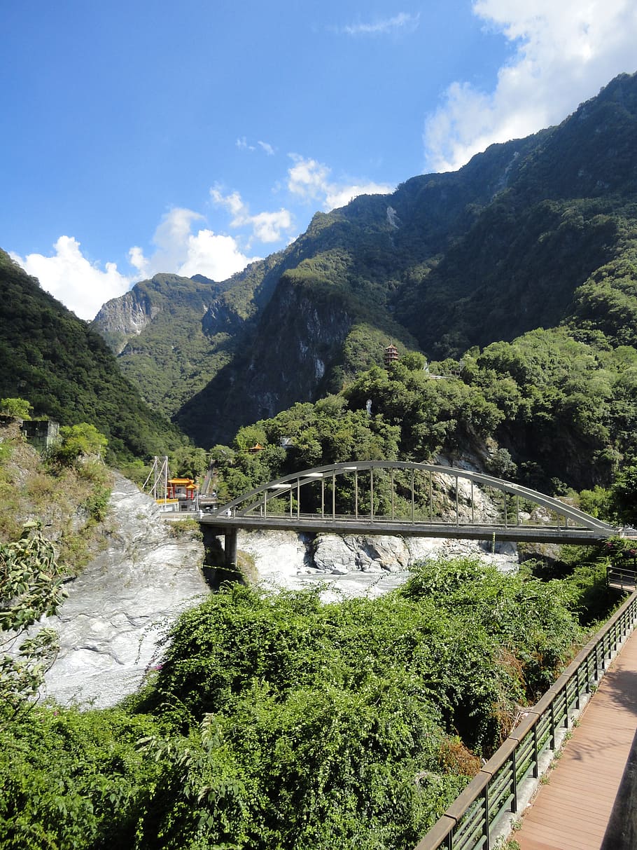 bridge, mountain, landscape, plant, sky, tree, beauty in nature HD wallpaper