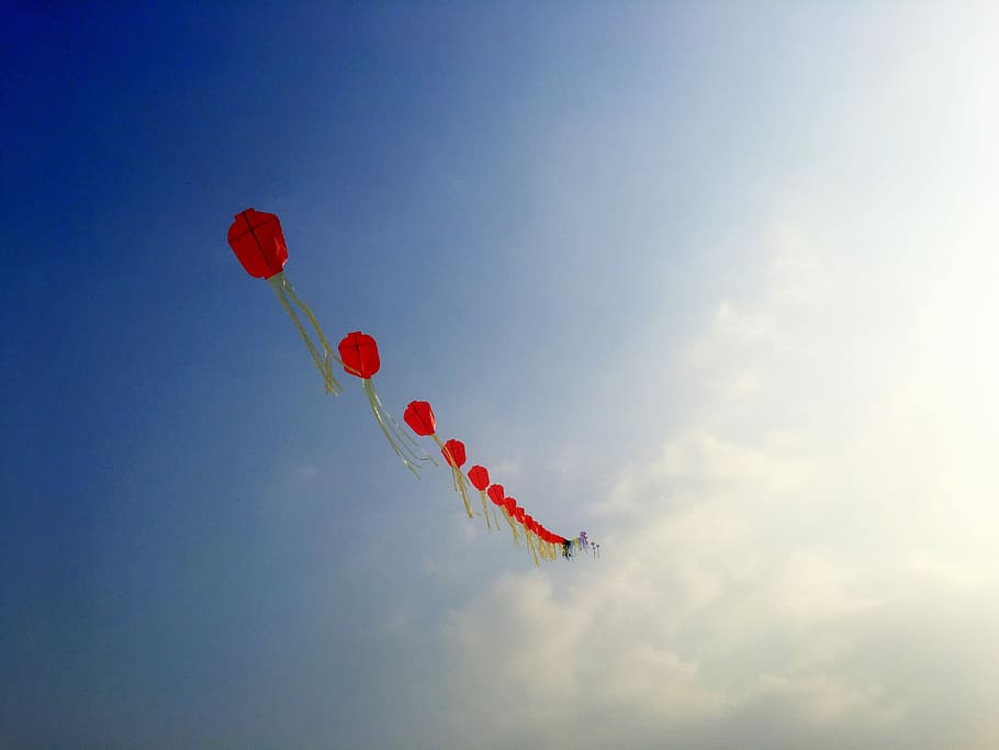 fly, kite, care, flying, sky, red, nature, low angle view, cloud - sky HD wallpaper